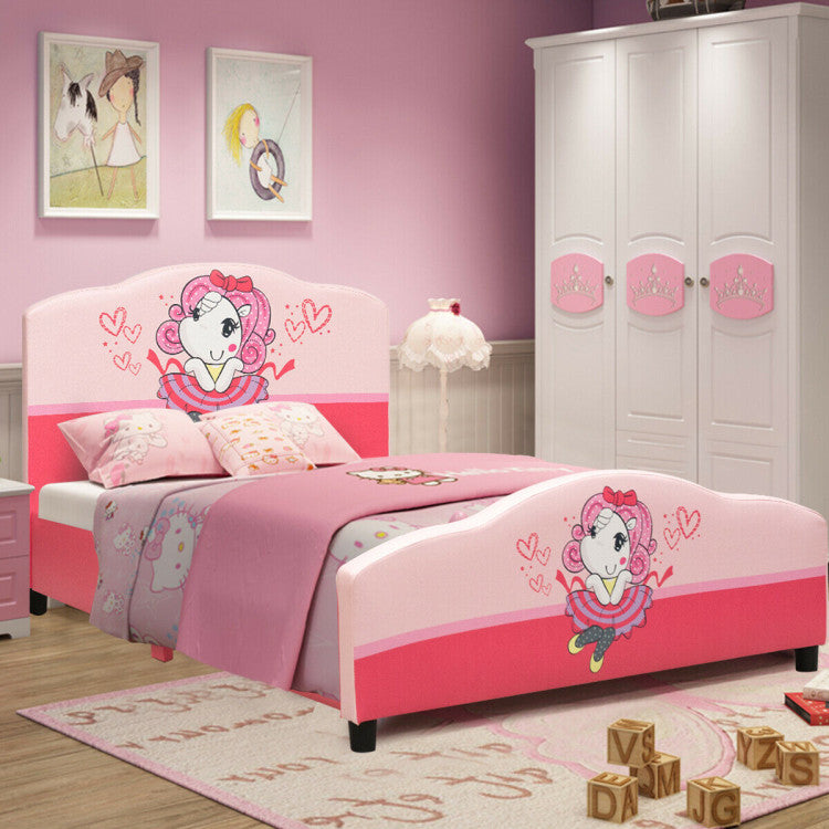 Kids Upholstered Platform Bed for Girls – Toddler Bed with Pattern Design