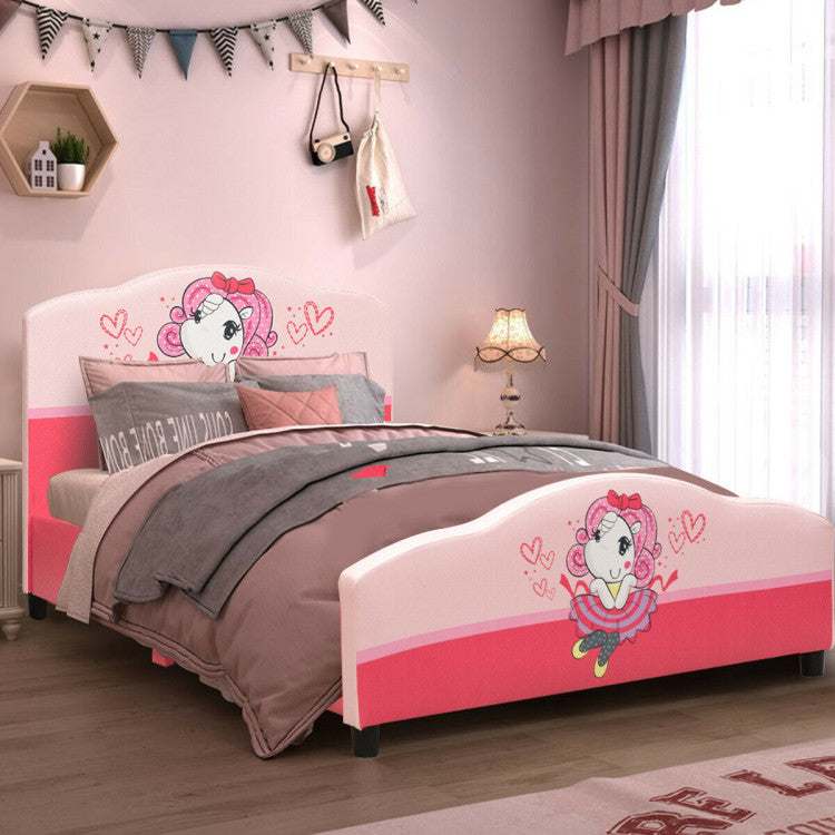 Kids Upholstered Platform Bed for Girls – Toddler Bed with Pattern Design