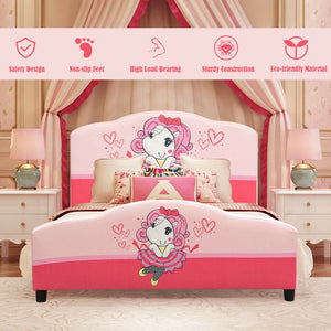 Kids Upholstered Platform Bed for Girls – Toddler Bed with Pattern Design