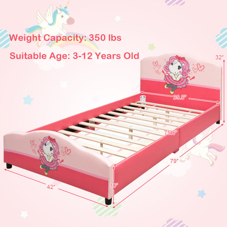 Kids Upholstered Platform Bed for Girls – Toddler Bed with Pattern Design