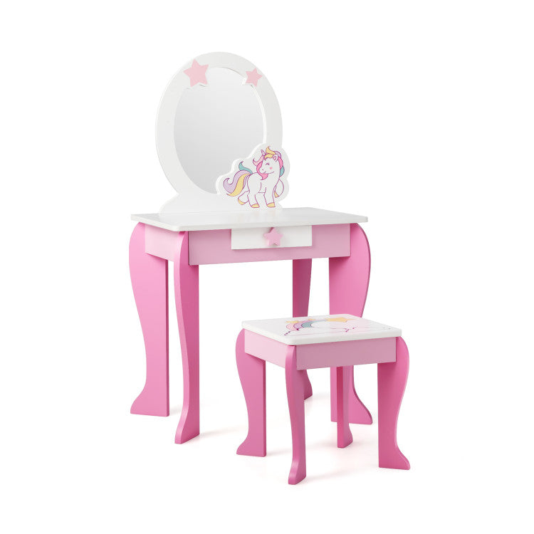 Kids Vanity Set with Mirror, Chair, and Drawer – Makeup Dressing Table for Kids