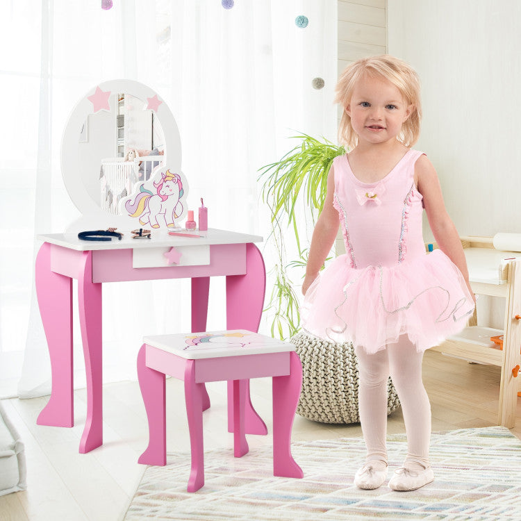 Kids Vanity Set with Mirror, Chair, and Drawer – Makeup Dressing Table for Kids