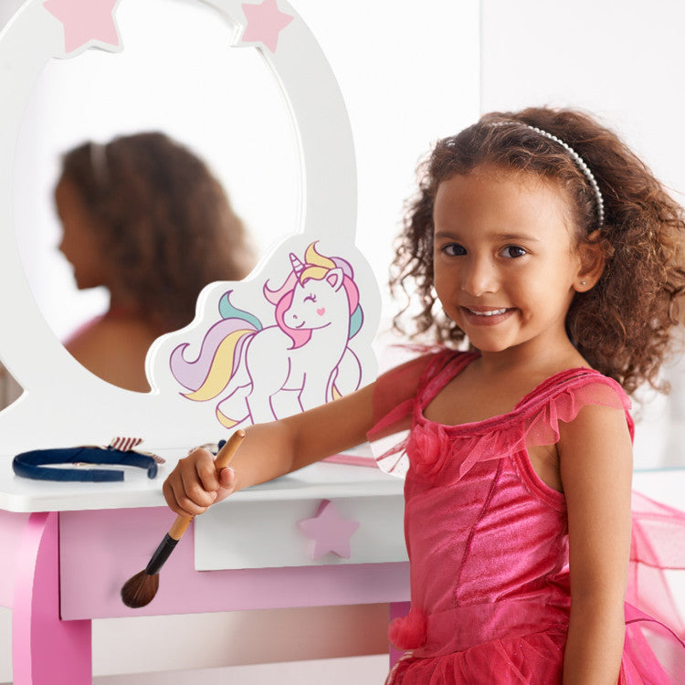 Kids Vanity Set with Mirror, Chair, and Drawer – Makeup Dressing Table for Kids