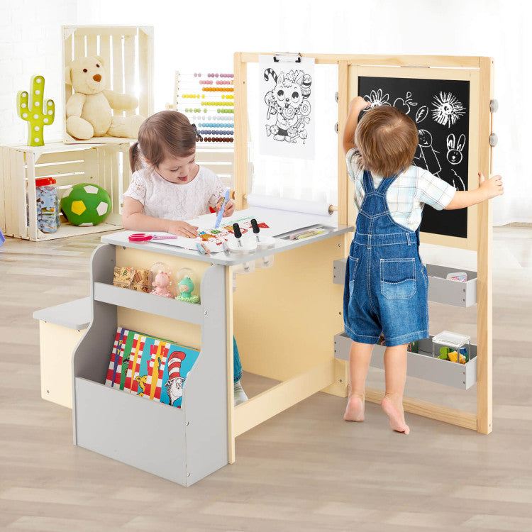 Kids Wooden Art Center Table and Bench Set – Creative Workspace for Toddlers and Children