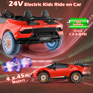 Red electric kids ride-on car with 24V battery and 4x45W motors on a red background.