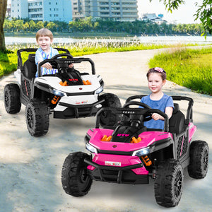 Two children driving toy cars on a path with a scenic background