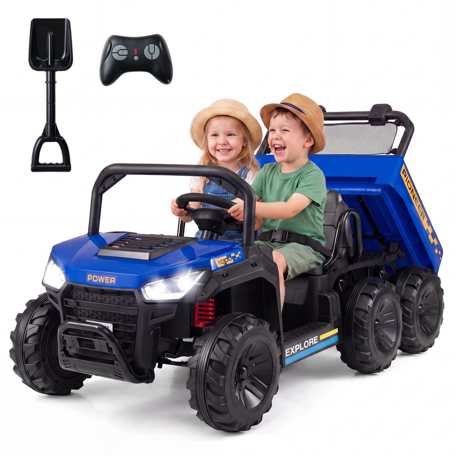 Children playing with a blue toy truck and remote control on a white background