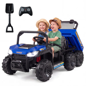 Children playing with a blue toy truck and remote control on a white background