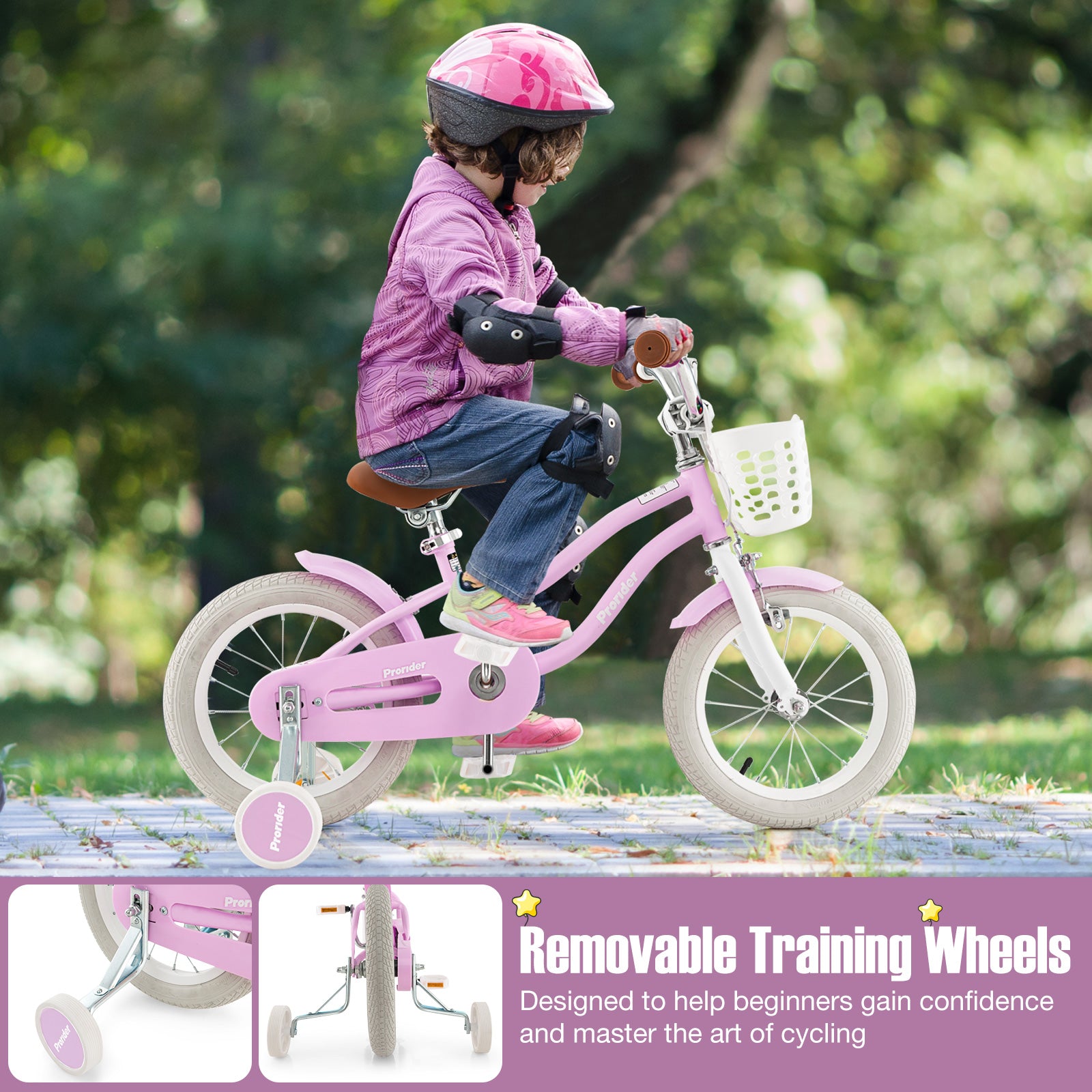 Child riding a pink bicycle with training wheels in an outdoor setting