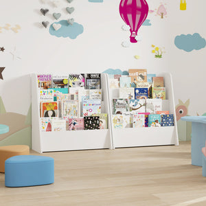 A 4-tier bookshelf with deep compartments for toy storage.