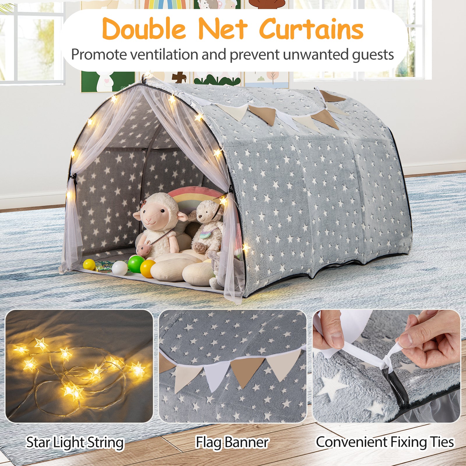 Children's play tent with starlight string, flag banner, and fixing ties on a wooden floor.