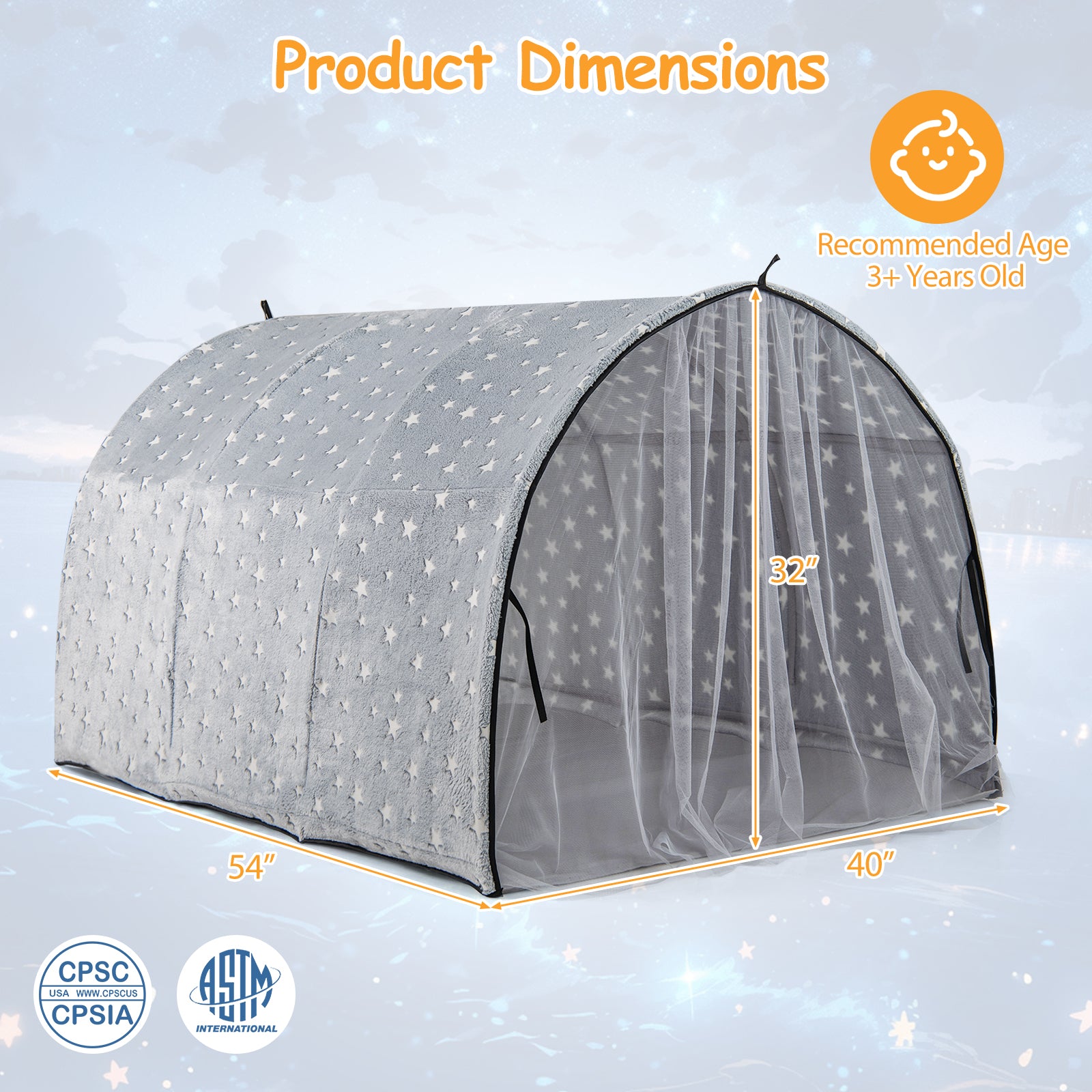 Children's play tent with star pattern and dimensions on a light blue background