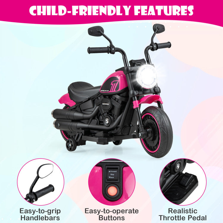 6V Kids Electric Ride-On Motorcycle with LED Headlights & Detachable Training Wheels