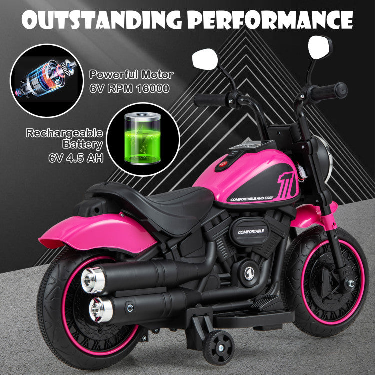 6V Kids Electric Ride-On Motorcycle with LED Headlights & Detachable Training Wheels