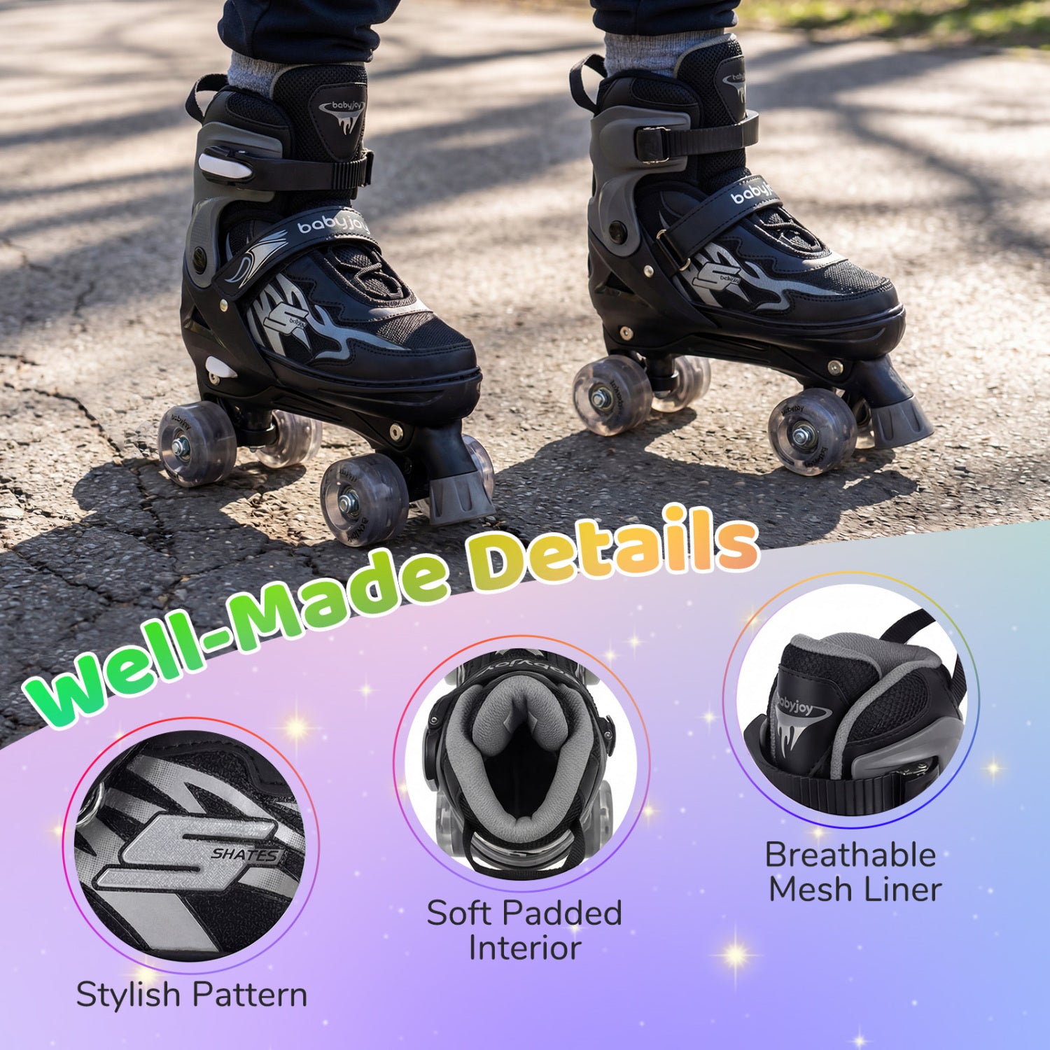 Black roller skates with detailed features on a road background