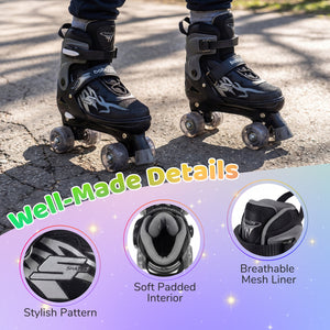 Black roller skates with detailed features on a road background