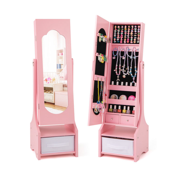 Freestanding Kids Jewelry Armoire with Storage & Adjustable Tilt Mirror