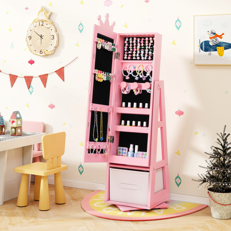 Freestanding Kids Jewelry Armoire Cabinet with Large Storage & 360° Swivel Base
