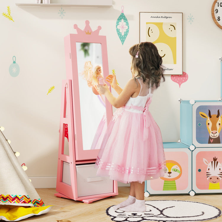Freestanding Kids Jewelry Armoire Cabinet with Large Storage & 360° Swivel Base