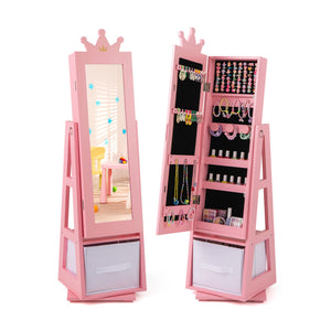 Freestanding Kids Jewelry Armoire Cabinet with Large Storage & 360° Swivel Base