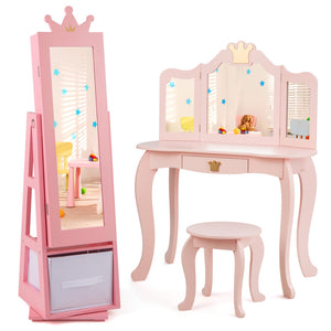 Freestanding Kids Jewelry Armoire Cabinet with Large Storage & 360° Swivel Base