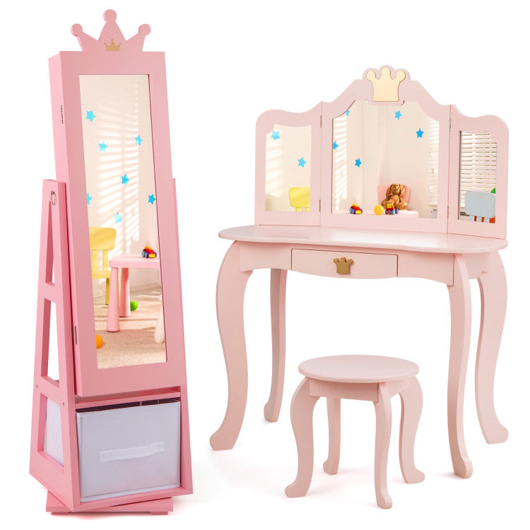 Freestanding Kids Jewelry Armoire Cabinet with Large Storage & 360° Swivel Base