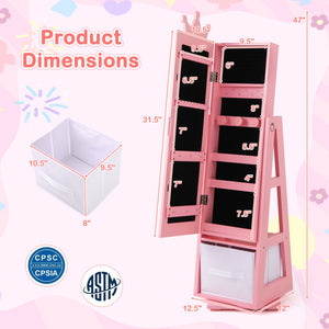 Freestanding Kids Jewelry Armoire Cabinet with Large Storage & 360° Swivel Base