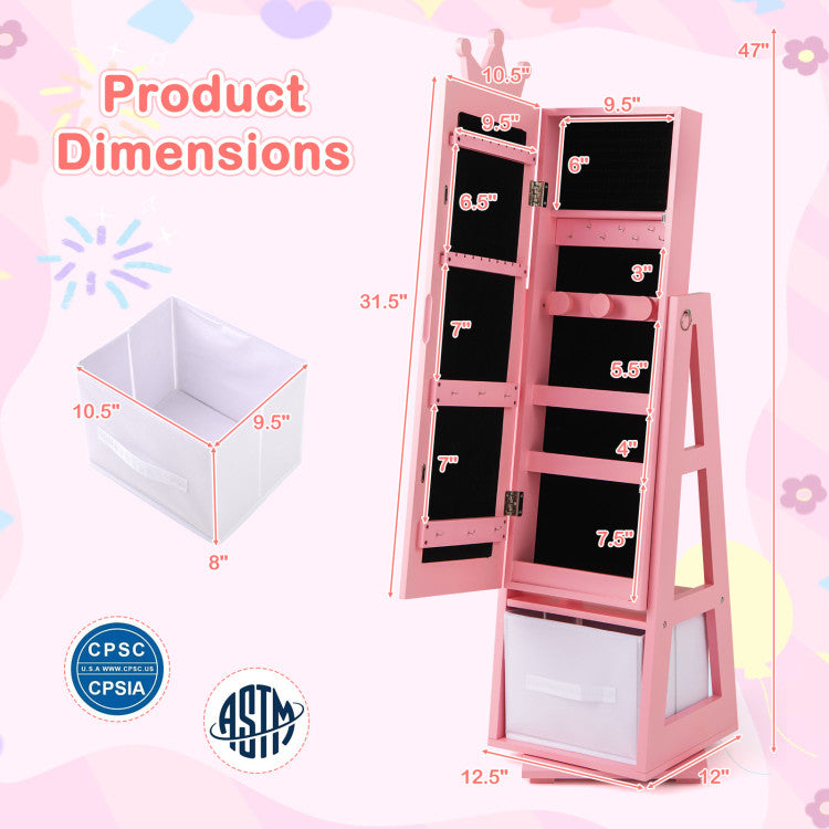Freestanding Kids Jewelry Armoire Cabinet with Large Storage & 360° Swivel Base