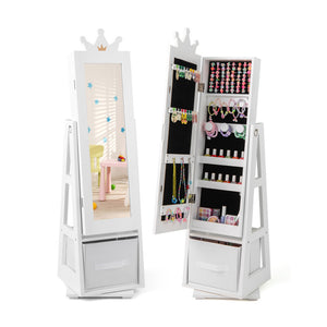 Freestanding Kids Jewelry Armoire Cabinet with Large Storage & 360° Swivel Base