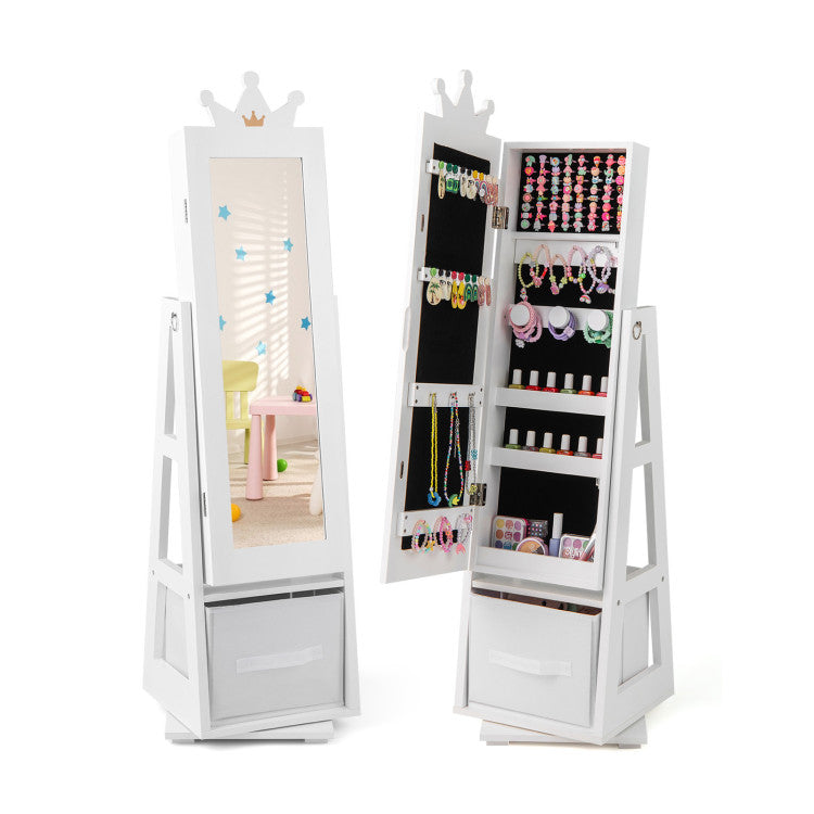 Freestanding Kids Jewelry Armoire Cabinet with Large Storage & 360° Swivel Base