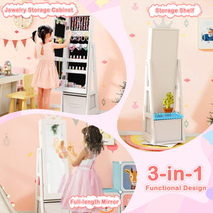 Freestanding Kids Jewelry Armoire Cabinet with Large Storage & 360° Swivel Base