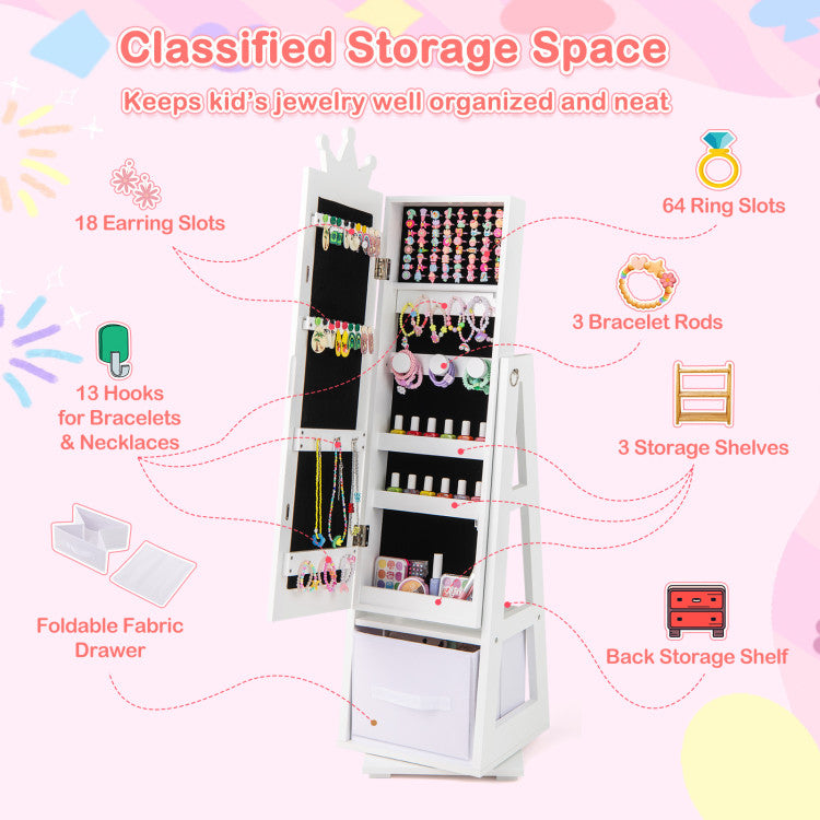 Freestanding Kids Jewelry Armoire Cabinet with Large Storage & 360° Swivel Base