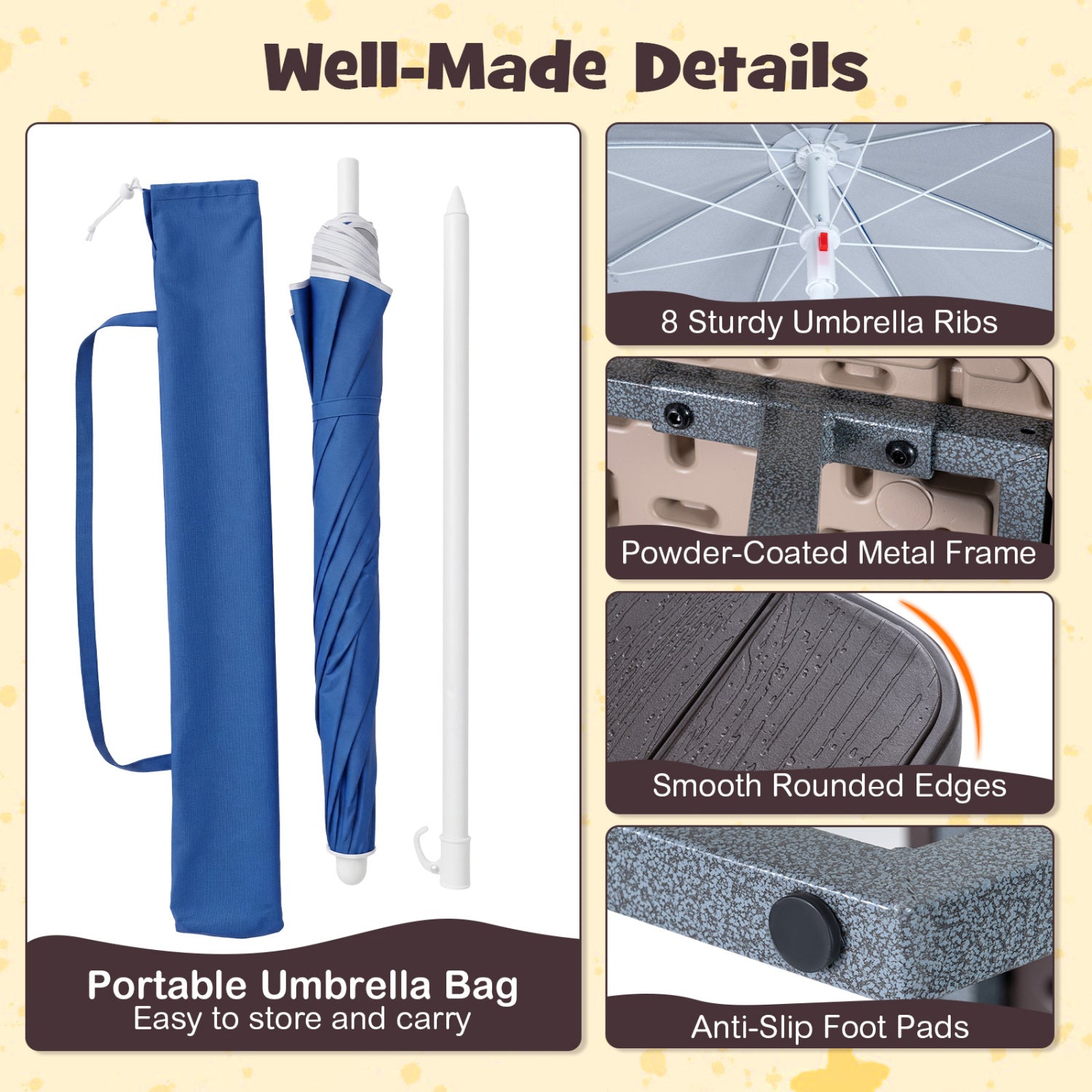 Blue umbrella with packaging details on a beige background