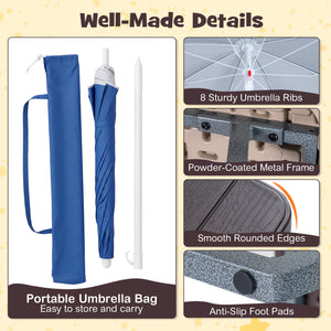 Blue umbrella with packaging details on a beige background