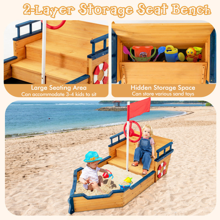 Kids Pirate Boat Wooden Sandbox Children Outdoor Playset