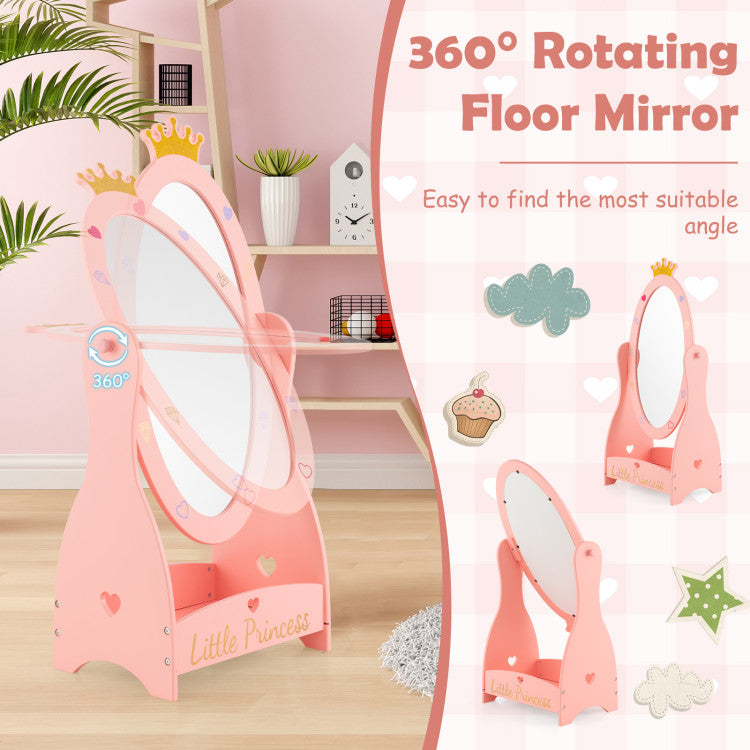 Kids Full-Length Mirror with 360° Rotatable Design and Storage Shelf for Playrooms