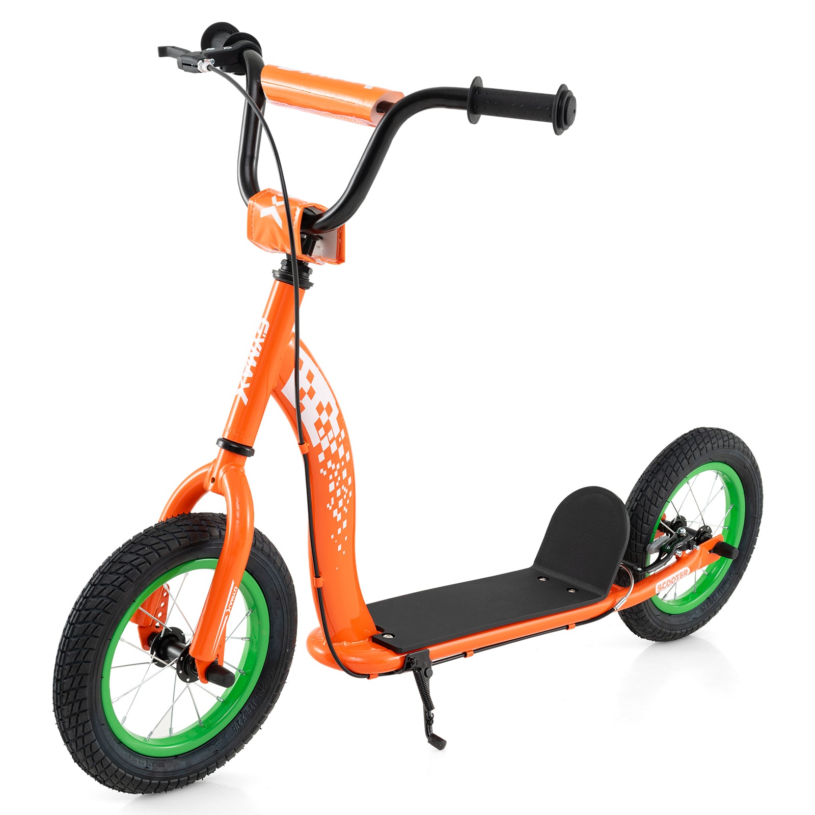 Orange scooter with black seat and green wheels on a white background