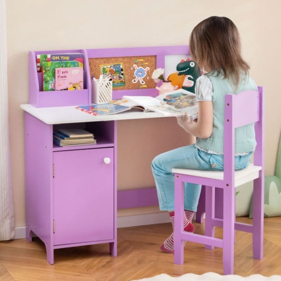 Kids Table & Chair Set with Bookshelf and Cabinet – Study Desk