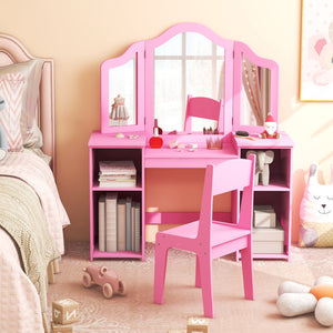 Kids Vanity Table and Chair Set with Tri-Folding Removable Mirror and Storage Drawers
