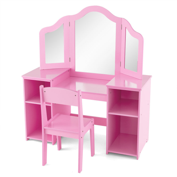 Kids Vanity Table and Chair Set with Tri-Folding Removable Mirror and Storage Drawers