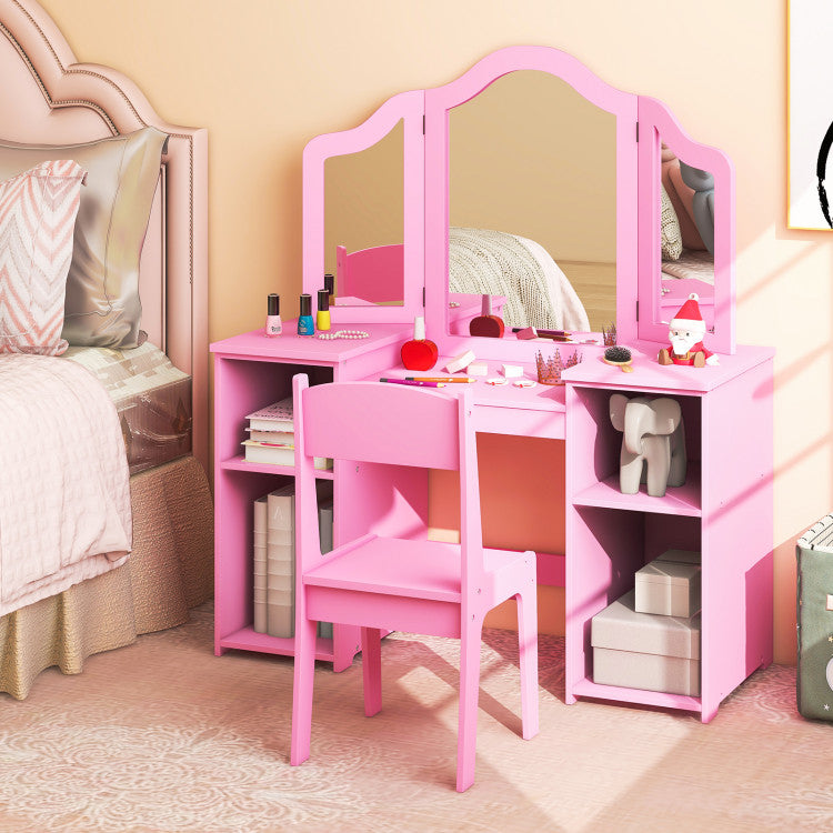 Kids Vanity Table and Chair Set with Tri-Folding Removable Mirror and Storage Drawers