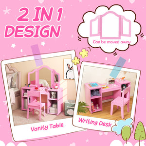 Kids Vanity Table and Chair Set with Tri-Folding Removable Mirror and Storage Drawers