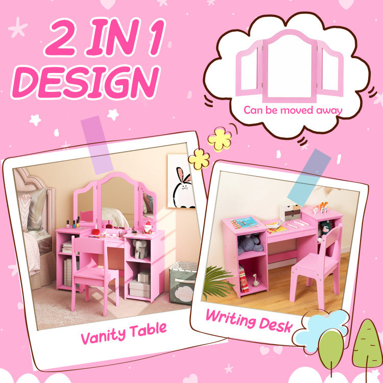 Kids Vanity Table and Chair Set with Tri-Folding Removable Mirror and Storage Drawers