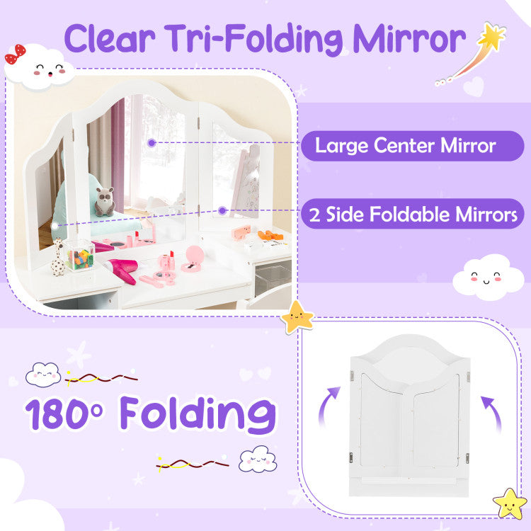 Kids Vanity Table and Chair Set with Tri-Folding Removable Mirror and Storage Drawers
