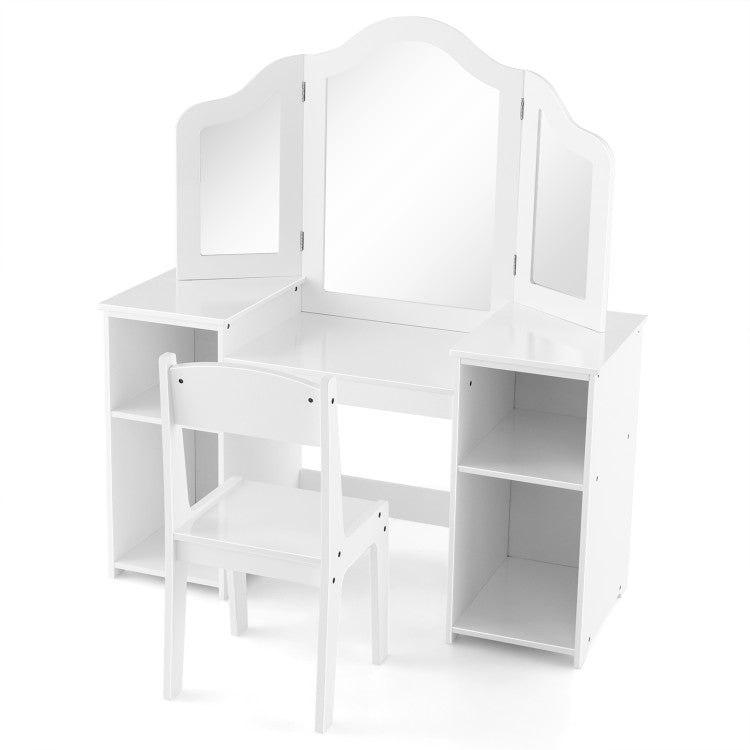 Kids Vanity Table and Chair Set with Tri-Folding Removable Mirror and Storage Drawers