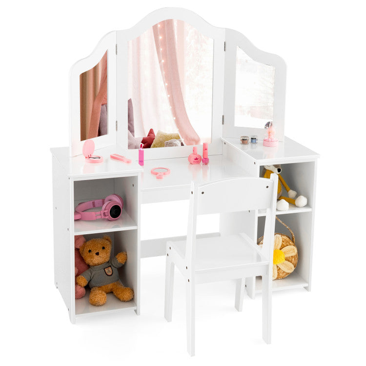 Kids Vanity Table and Chair Set with Tri-Folding Removable Mirror and Storage Drawers