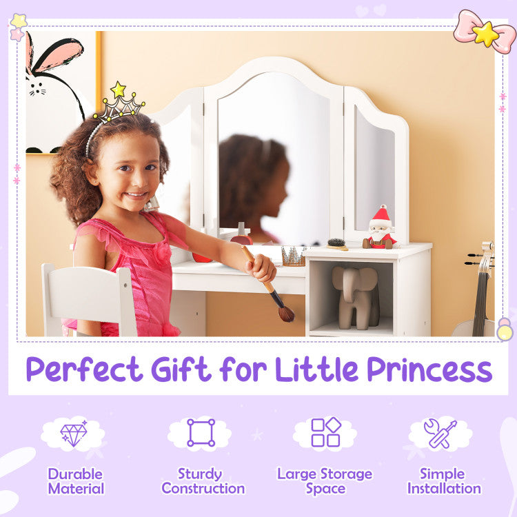 Kids Vanity Table and Chair Set with Tri-Folding Removable Mirror and Storage Drawers