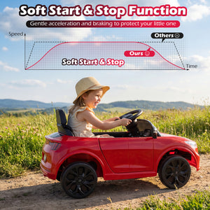 Child driving a red toy car in a field with text about soft start and stop function.