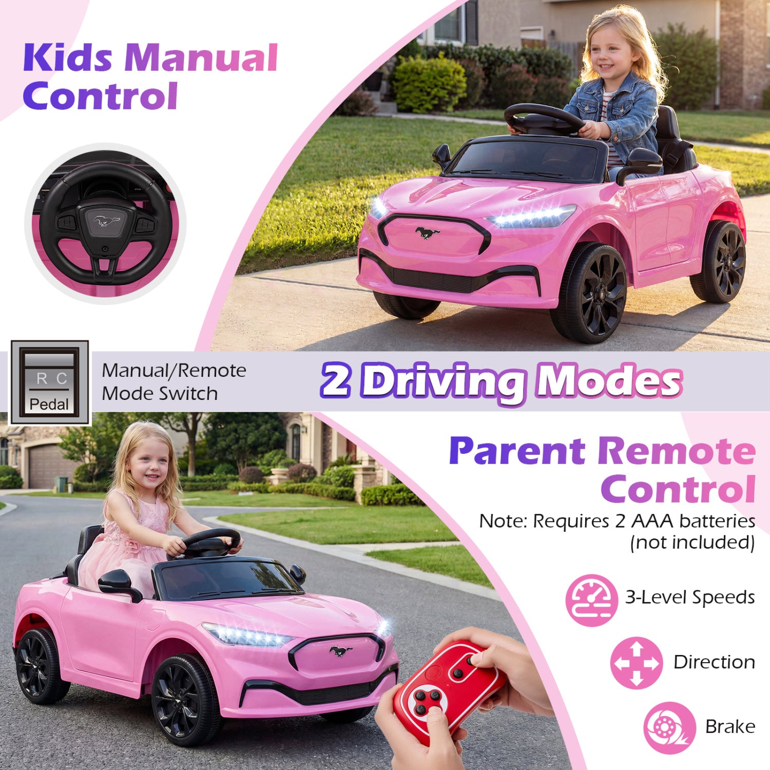 Pink toy car with manual and remote control features, children playing with it.