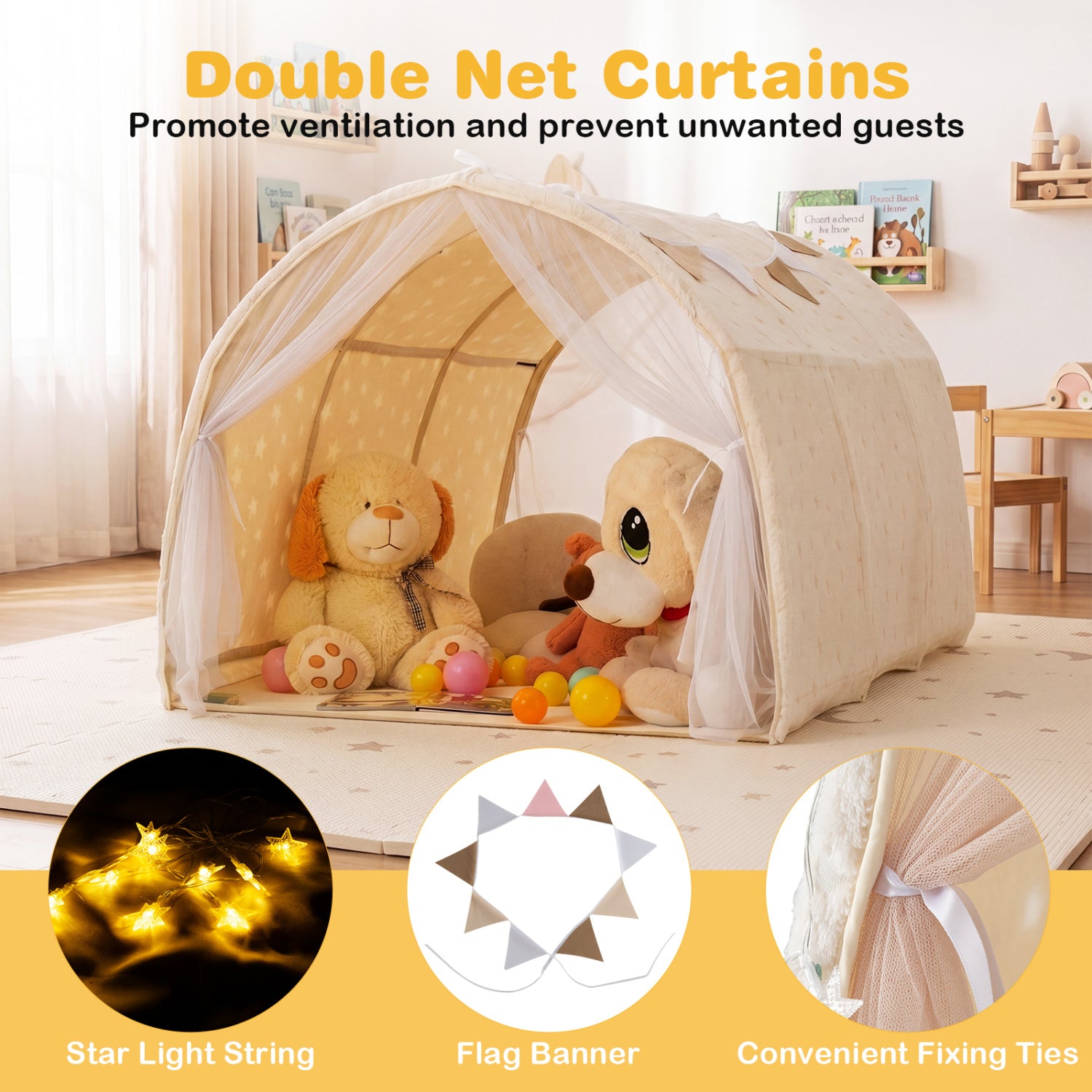 Children's play tent with double net curtains, plush toys, and accessories on a bed.